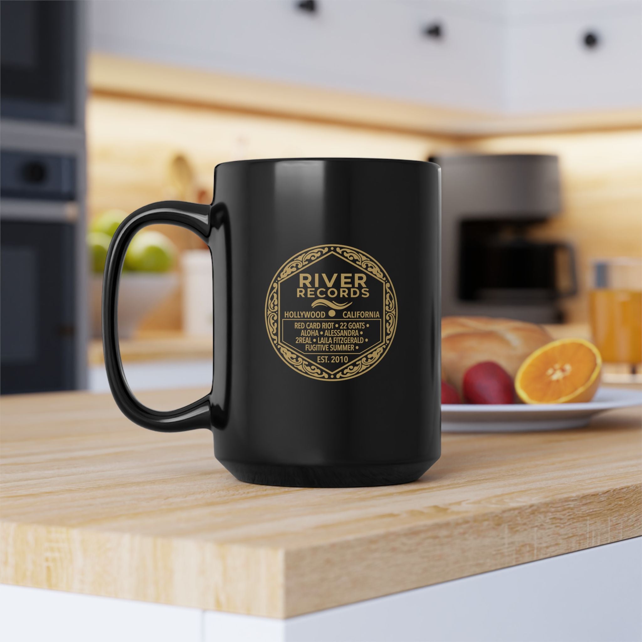River Records Black 15oz Mug — Vintage Gold Logo Coffee Cup
